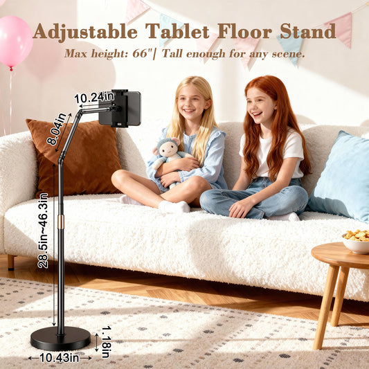66" iPad Stand,Tablet Floor Stand with Wireless Remote, Full-Angle Adjustable Overhead Phone Mount for Bed