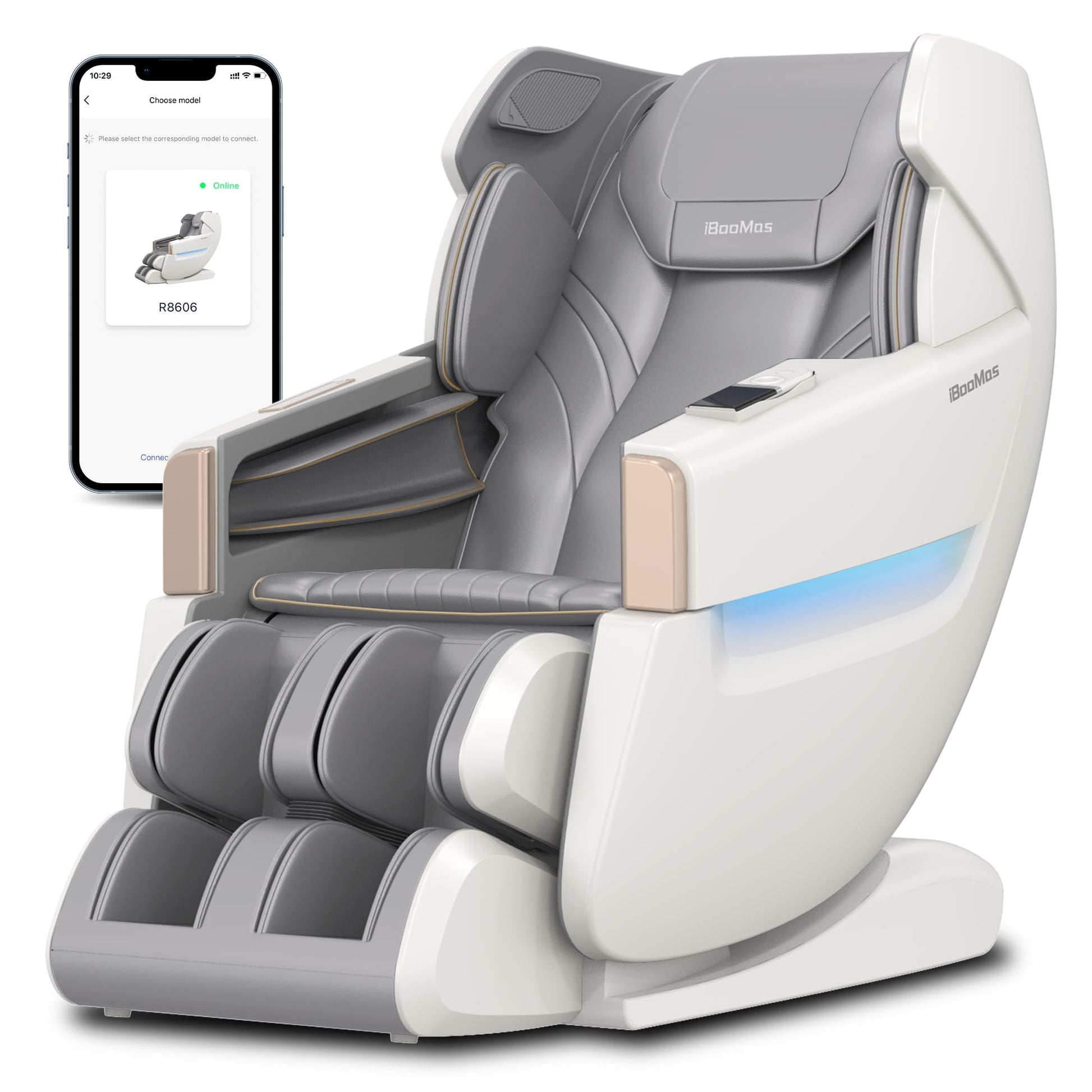 Mom's Day | R8606-Grey AI&APP Control Auto-Extend Pedal Zero-G Massage Chair with Gilded Gold Design