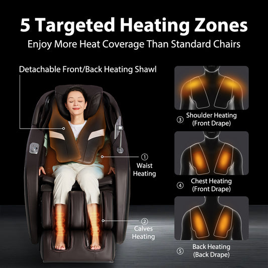Heated massage chair with targeted heating zones and a detachable heating shawl