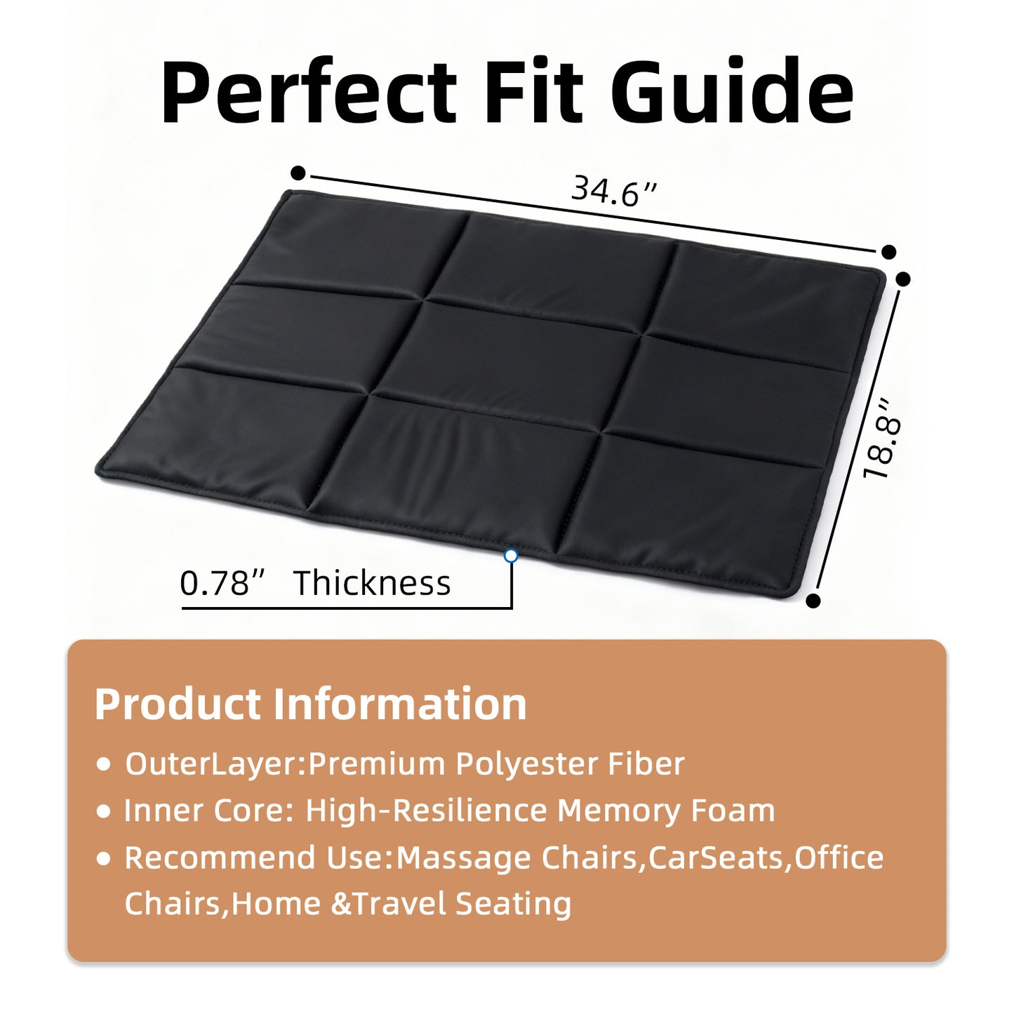 Black cushion with measurements and product information