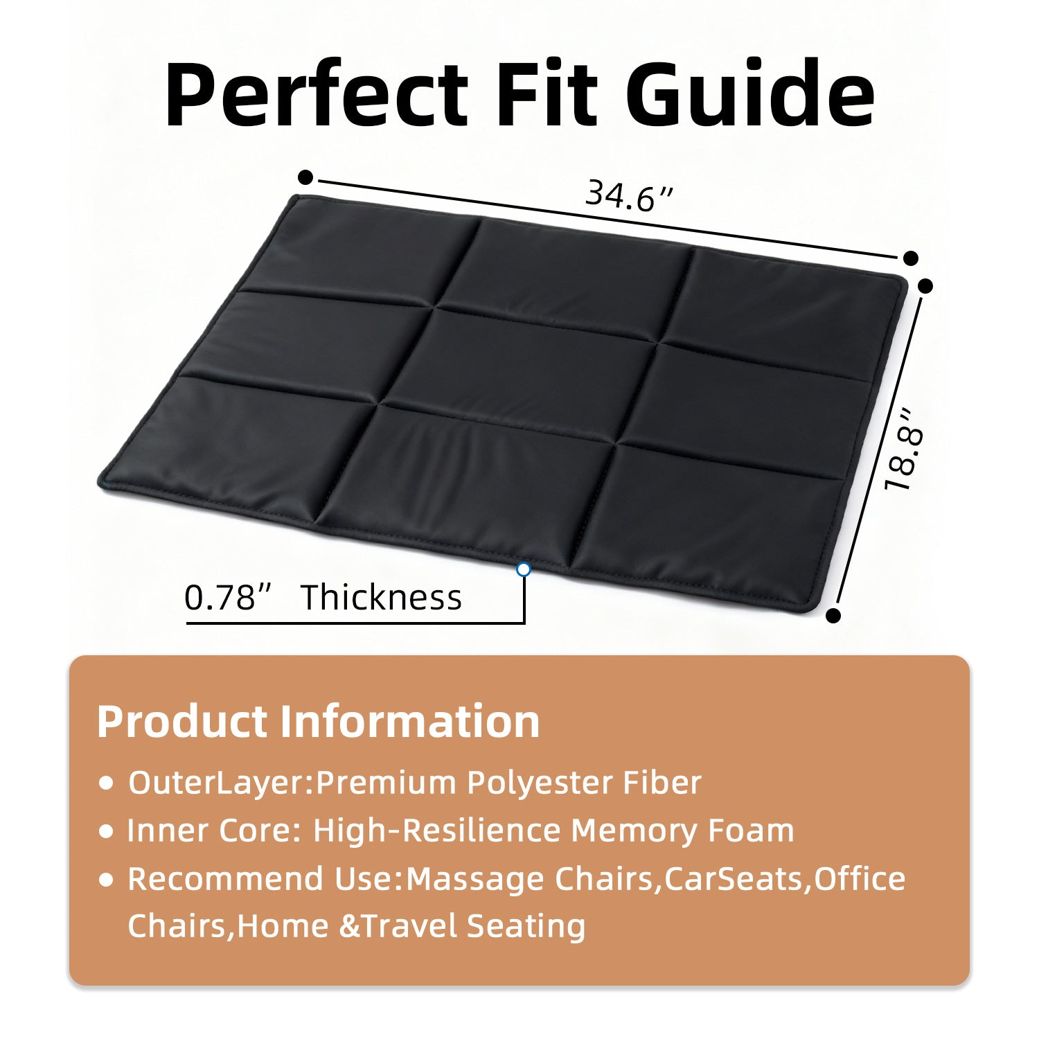 Black cushion with measurements and product information