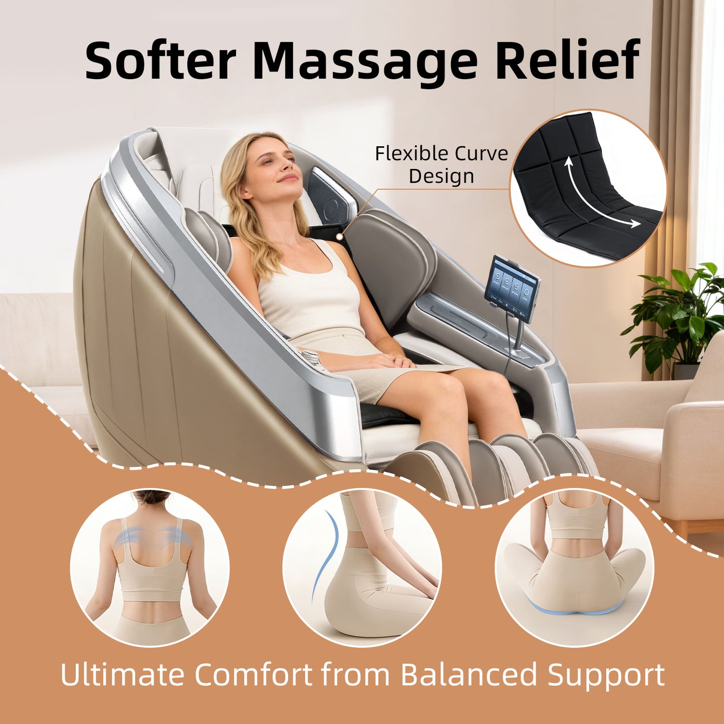 Woman using a iboomas massage chair and back pad enjoy softer massage relief