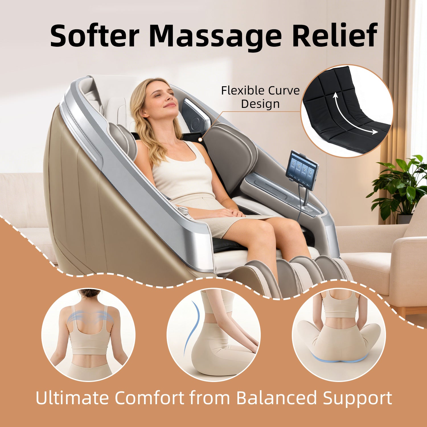 Woman using a iboomas massage chair and back pad enjoy softer massage relief