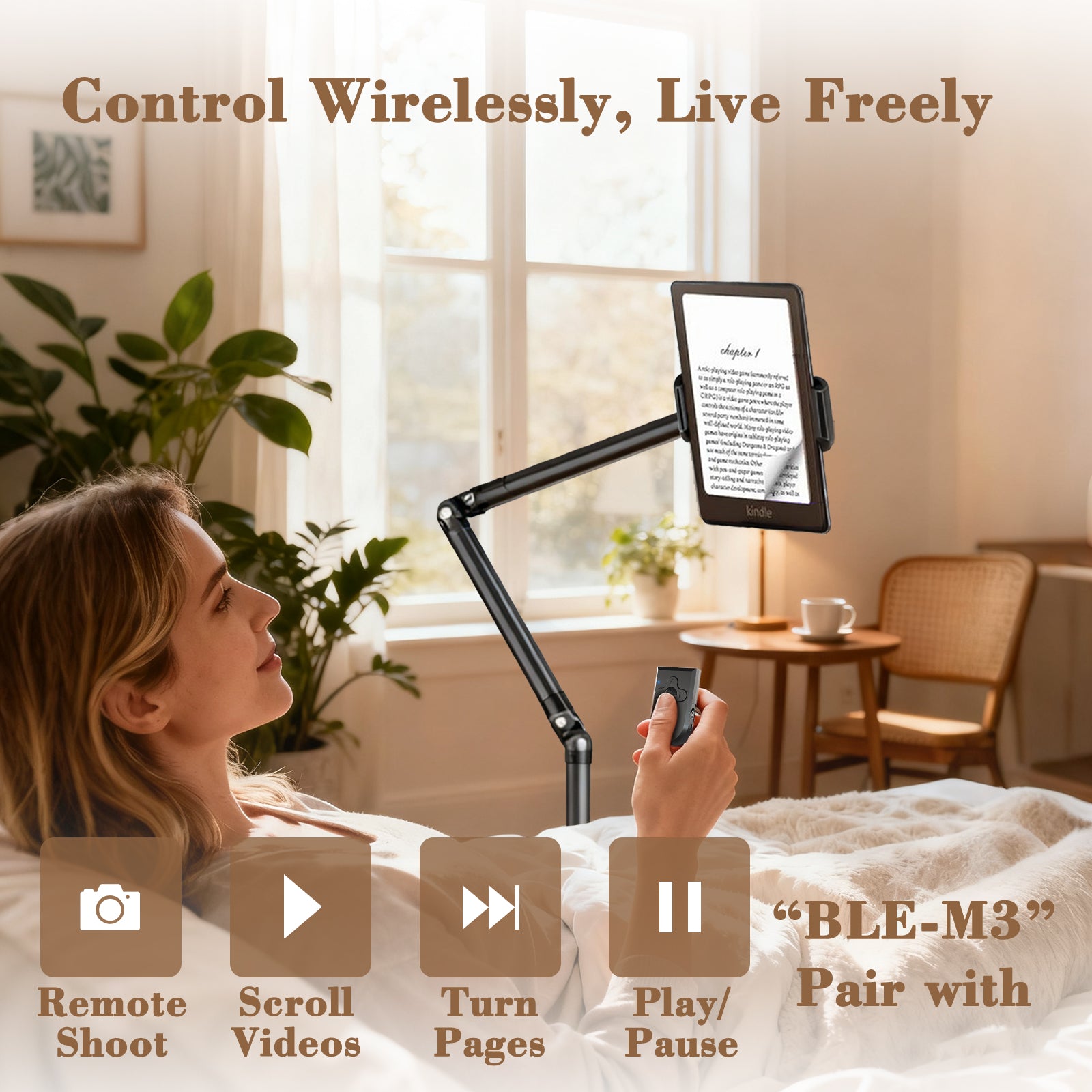 66" iPad Stand, Tablet Floor Stand with Wireless Remote, Full-Angle Adjustable Overhead Phone Mount for Bed