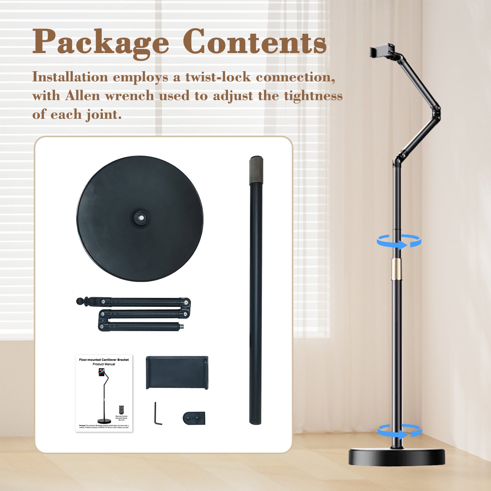 66" iPad Stand, Tablet Floor Stand with Wireless Remote, Full-Angle Adjustable Overhead Phone Mount for Bed