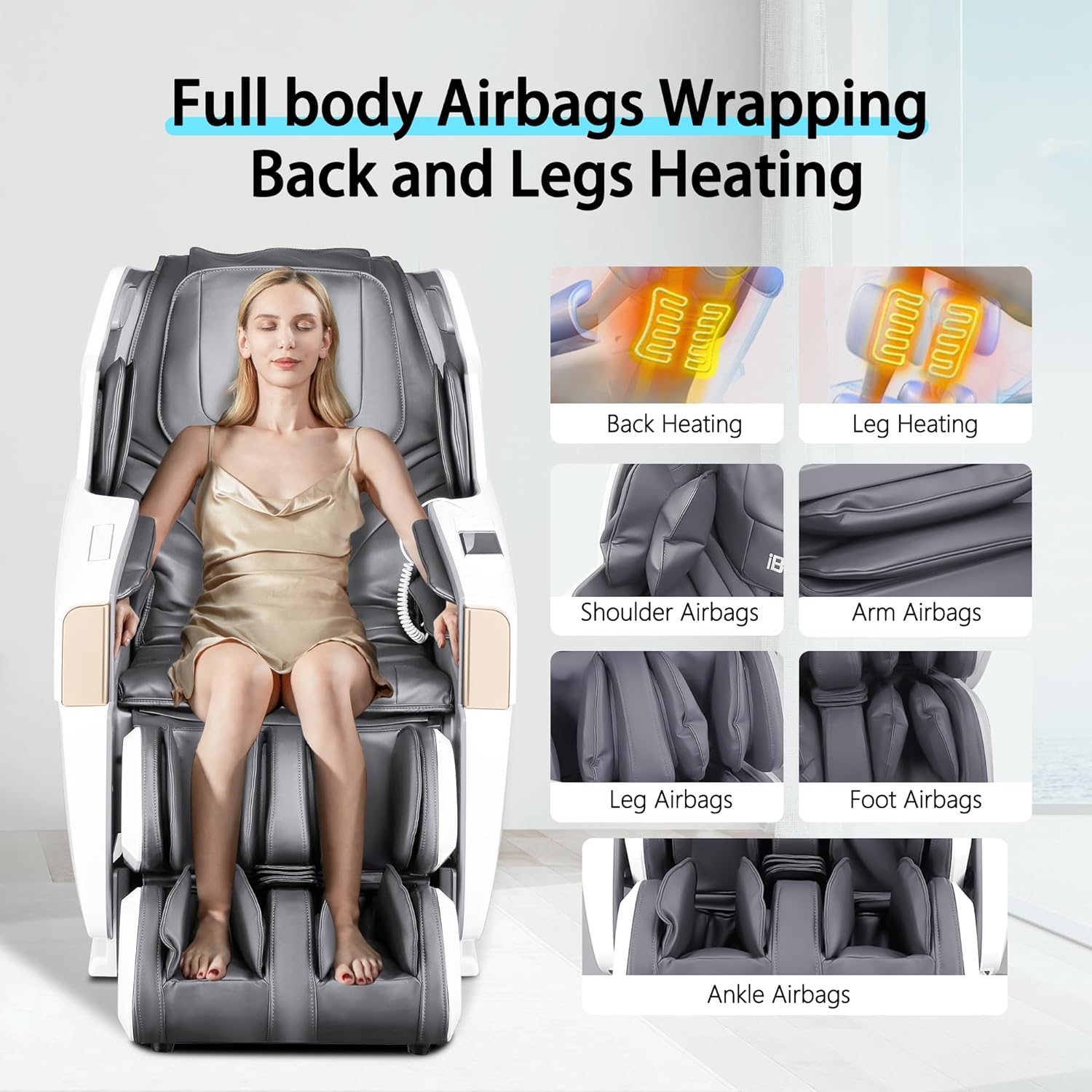 R8606-Grey Fauteuil de massage Zero-G à pédale à extension automatique 3D AI&amp;APP Control avec design doré doré