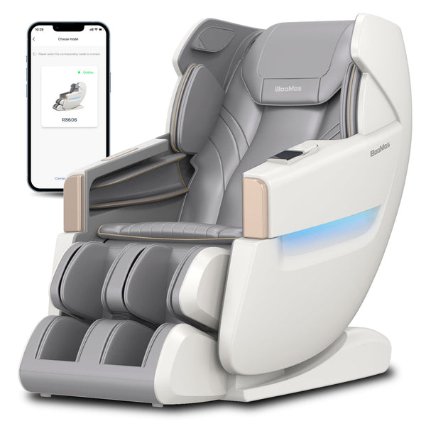 R8606-Grey Fauteuil de massage Zero-G à pédale à extension automatique 3D AI&APP Control avec design doré doré