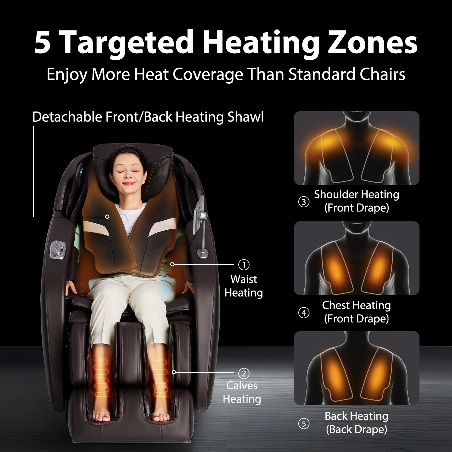 Heated massage chair with targeted heating zones and a detachable heating shawl