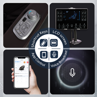 iBooMas smart home integrated massage chair with control panels, smartphone, and voice broadcast features.